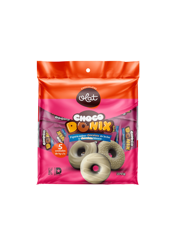 Choco Donix ( figura de dona sabor chocolate de leche y blanco)